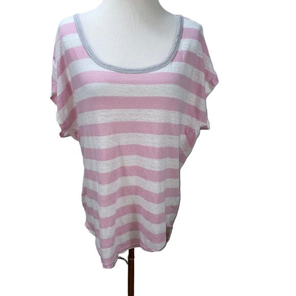 Joie 100% Linen Striped Oversized Pink White Knit Top Stretch XL T-Shirt Tee - Picture 1 of 9